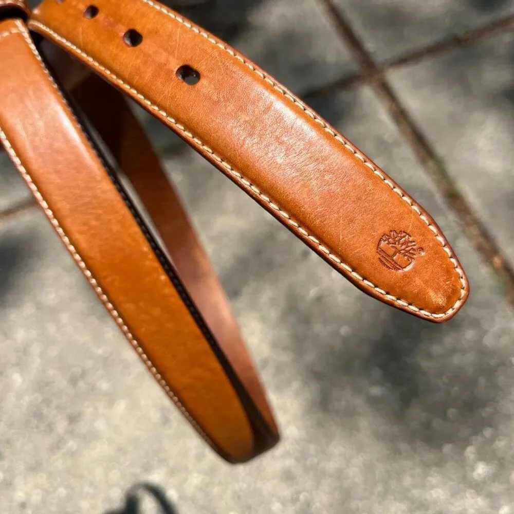 Timberland Tan Leather Belt Sz 34/85 Logo Buckle Contrast Stitching Unisex